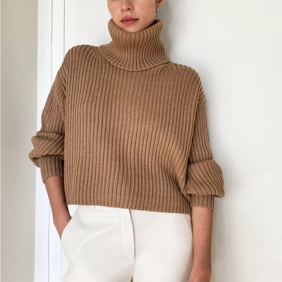 Aritzia Babaton Guell Slouchy Crop Turtleneck Sweater in Golden Camel Wool - XS - Picture 3 of 11